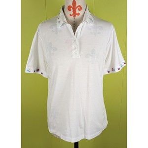 VTG David Smith Womens M White Polo Golf Retro Shirt Embroidered Flowers Nice!!